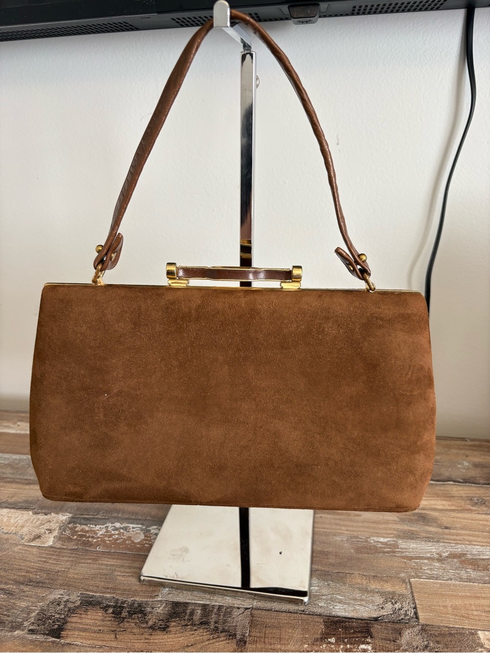 Vintage "Bags by. Nicholas Reich" Mid-Century Brown Suede Top-Handle Handbag